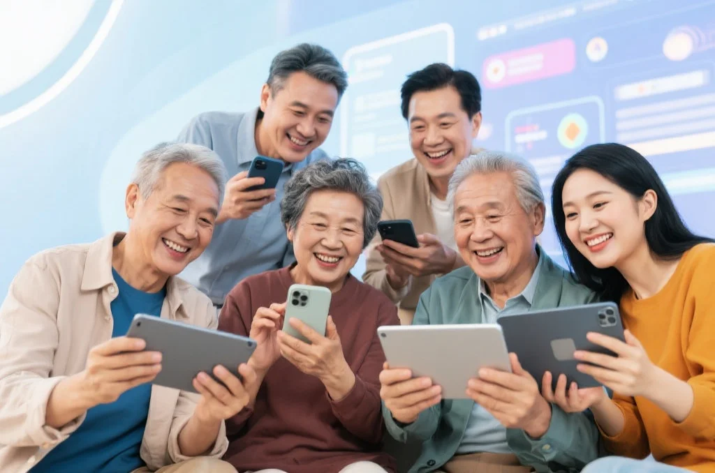 人们通过设备享受在线娱乐活动